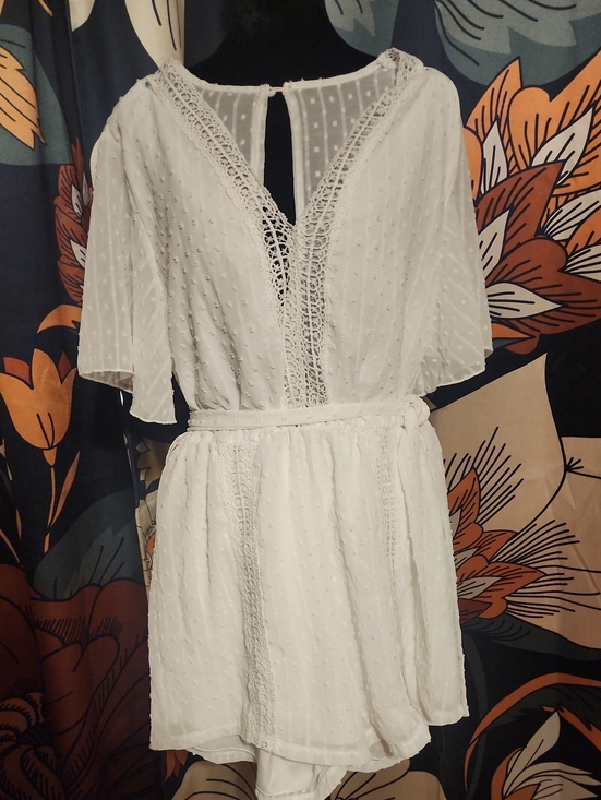 SHEIN Pants - SHEIN White Lace-Trim Swiss Dot Romper